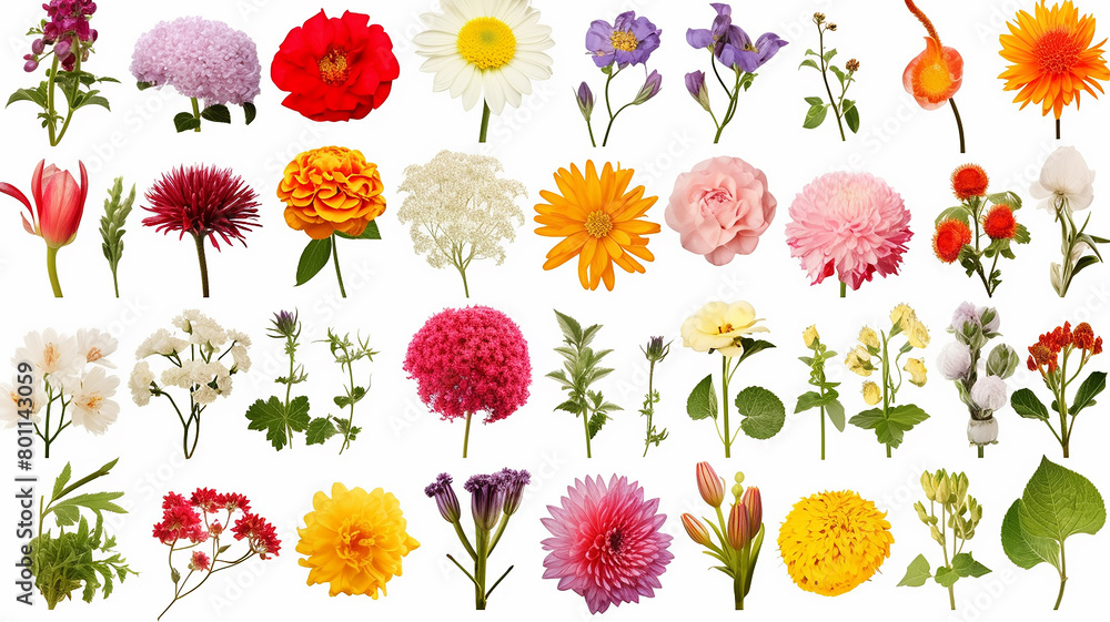 A set of icons of different varieties of wildflowers on a white background A set of icons of different varieties of wildflowers on a white background