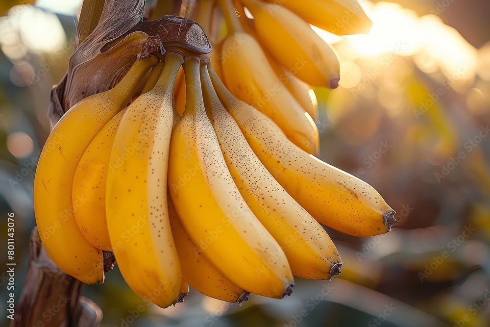 Banana Tree with Fruit: Cluster of bananas hanging from the tree. 