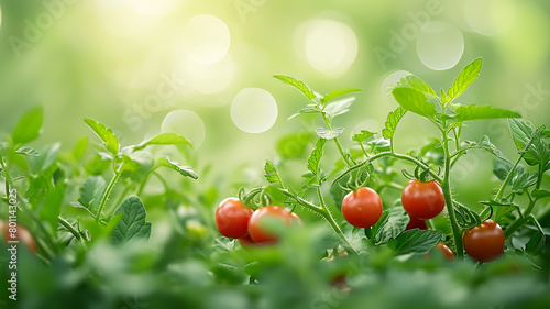 Red tomatoes on a summer day, green leaves of plants in sunlight close-up