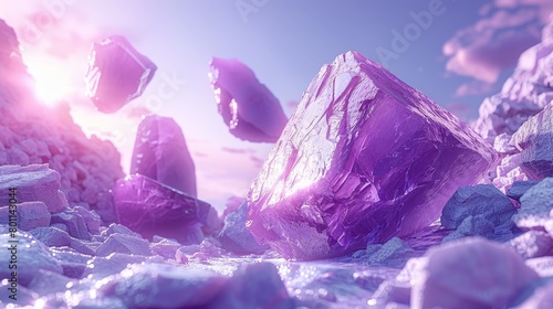 A cluster of purple rocks atop a rocky mound, nestled beside a water body, under a blue-hued sky