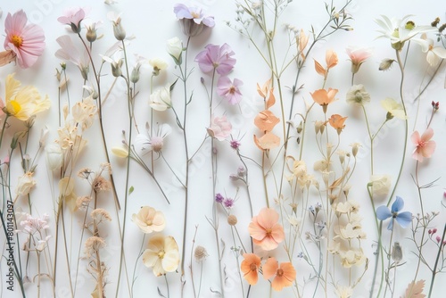 Assorted Pressed Flowers on White Background 