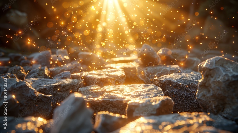   A tight shot of stones with radiant light emanating from their upper surfaces beyond the frame
