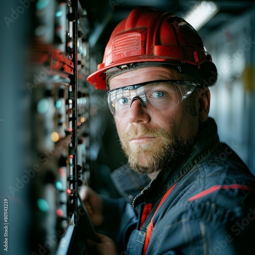 A man in a red helmet and goggles is working on a machine. He is wearing a blue jacket and red pants