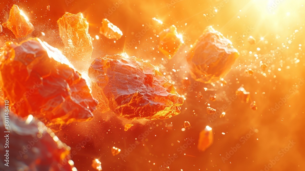 A tight shot of rocks suspended in mid-air, illuminated from above by a radiant light source A tight shot of rocks suspended in mid-air, illuminated from above by a radiant light source