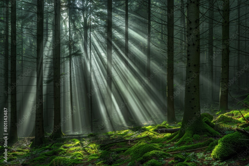 Luminous sunlight filtering through dense green forest canopy, creating beautiful rays