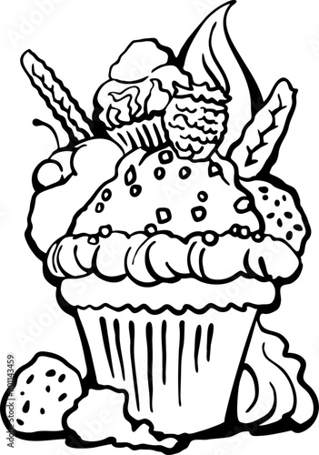 Sweet tasty dessert cupcake with cream and deco for morning breakfast in café or restaurant. Mini birthday cake for pleasure. Hand drawn retro vintage colorful vector illustration. Old style drawing.