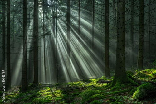 Luminous sunlight filtering through dense green forest canopy  creating beautiful rays