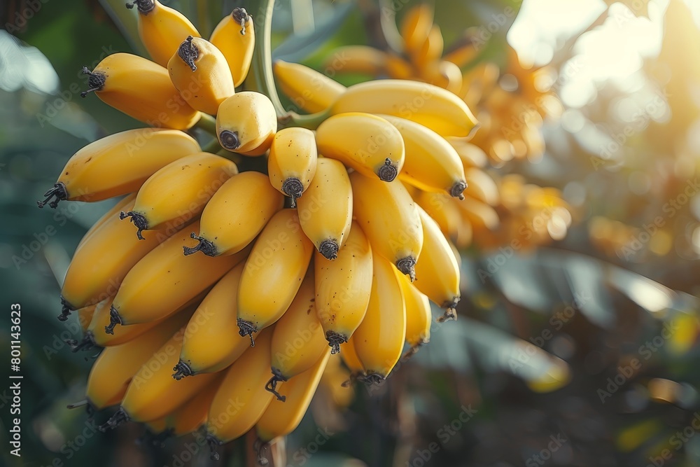 Naklejka premium Banana Tree with Fruit: Cluster of bananas hanging from the tree. 