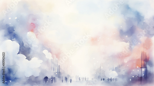 Abstract image in blue and white colors of people walking down the street, hazy background postcard in watercolor style with copy space