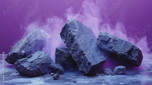  A collection of rocks resting atop a blue backdrop, emitting smoke from their midst