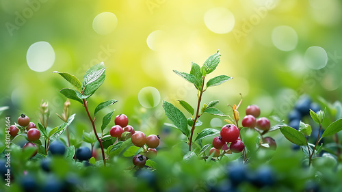 Wild berries among the green leaves of plants in the sunlight close-up on a summer day