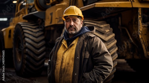A mining worker posing in front of large dozer