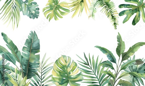 Watercolor banner tropical leaves and branches isolated  Generative AI 
