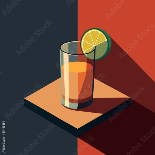 Graphic image of a tequila shot glass with lime, casting shadow on a dual-tone background