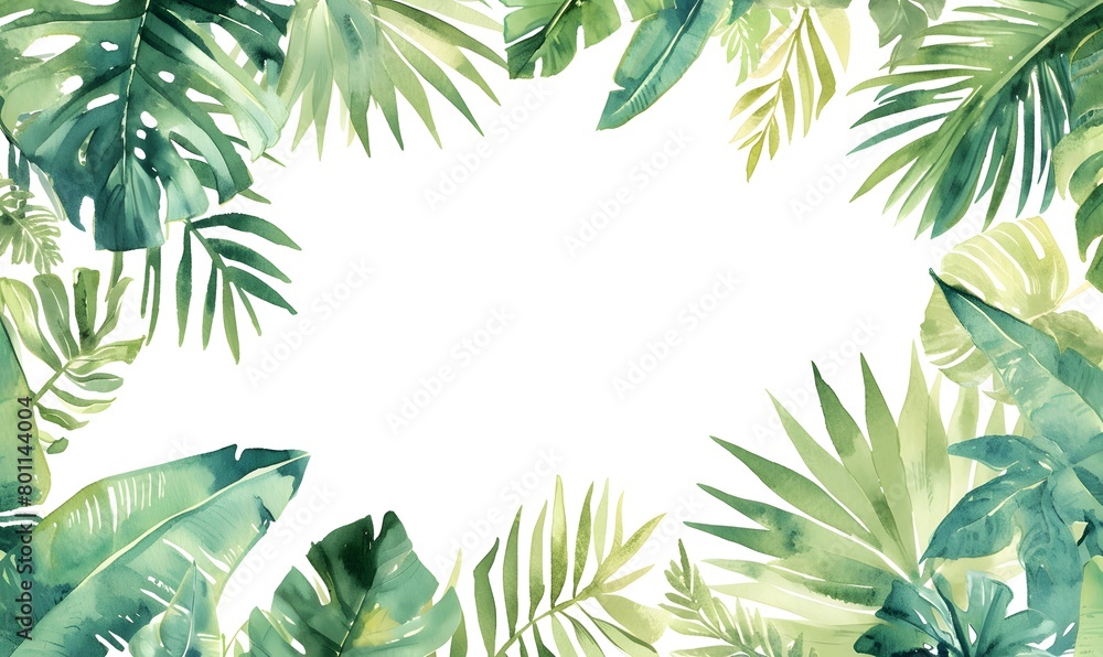 Watercolor banner tropical leaves and branches isolated, Generative AI 