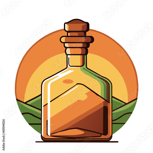 Vibrant and contemporary mexican cultural celebration themed tequila bottle illustration with warm colors and sunset hills landscape backdrop