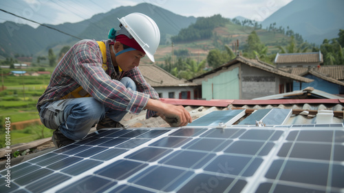 Asian worker working on solar panels, renewable energy, south east asia

 photo