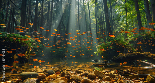   A forest teeming with numerous orange fish in a river, adjacent to another forest brimming with lush green trees photo