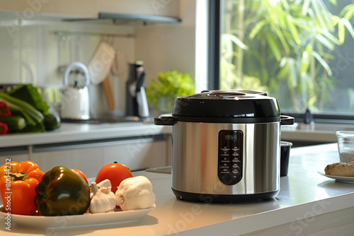 A stainless steel rice cooker with a dishwasher-safe inner pot, easy to clean after use.