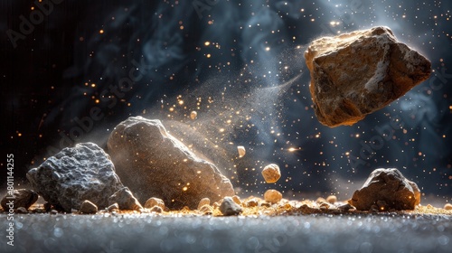   A rock tumbling from its edge into a mound of stones, surrounded by gold flakes photo