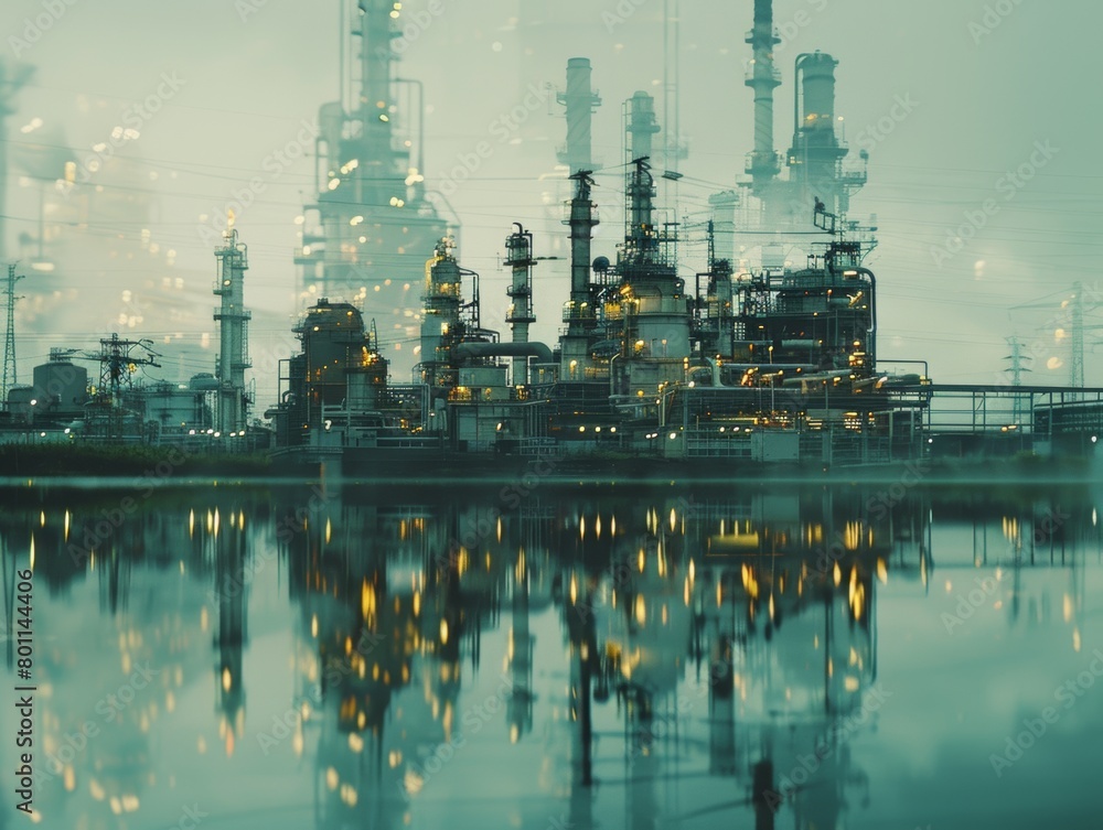 Fototapeta premium A large industrial plant is reflected in a body of water. The image has a moody, almost eerie atmosphere, as the lights from the plant create a sense of unease