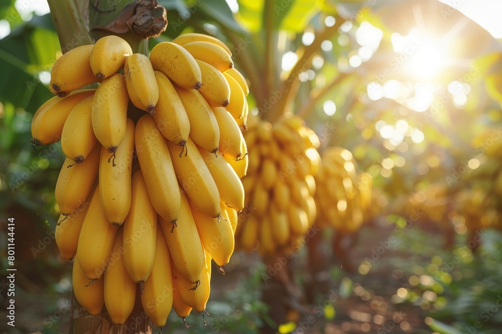 Naklejka premium Banana Tree with Fruit: Cluster of bananas hanging from the tree. 