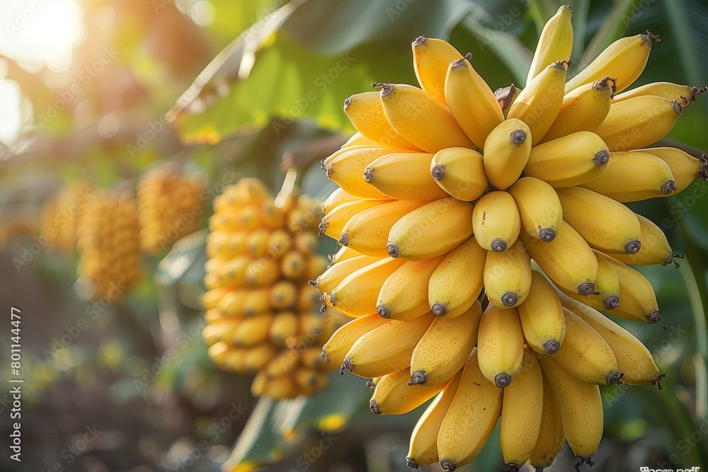 Naklejka premium Banana Tree with Fruit: Cluster of bananas hanging from the tree.