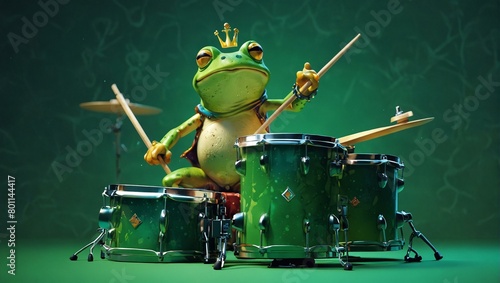 A comical green frog playing a drum set on a green stage, exuding a sense of rhythm and fun in a whimsical setup