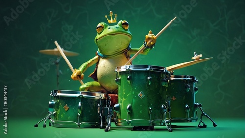 A comical green frog playing a drum set on a green stage, exuding a sense of rhythm and fun in a whimsical setup