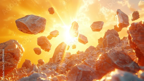   A scenic array of rocks suspended in mid-air against a radiant sunbackdrop, with an assemblage of clouds gracing the foreground photo