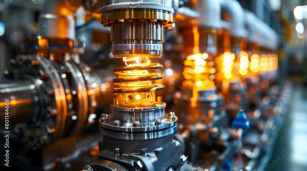 A series of valves are lit up with a yellow glow. The valves are connected to a machine that is likely used for manufacturing or processing. The bright yellow light gives the image a warm A series of valves are lit up with a yellow glow. The valves are connected to a machine that is likely used for manufacturing or processing. The bright yellow light gives the image a warm