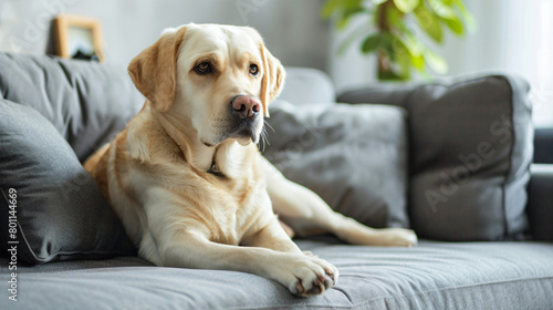 Cute Labrador dog sitting on sofa at home