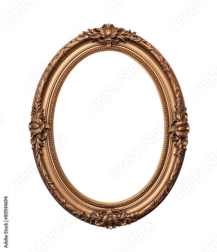 Ornate oval vintage picture frame with intricate floral designs, crafted in bronze tones, isolated on transparent background. Generative AI