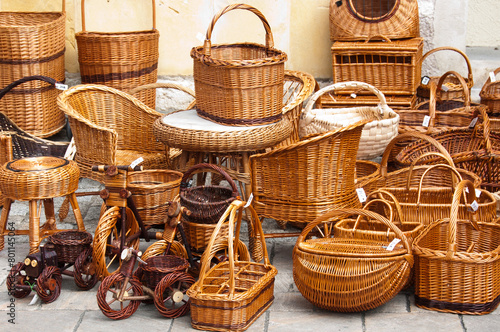 Baskets on sale in a French market, Dordogne, France