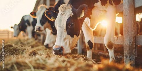 Dairy Cows Feeding on Hay at Golden Hour in a Farm Stable photo