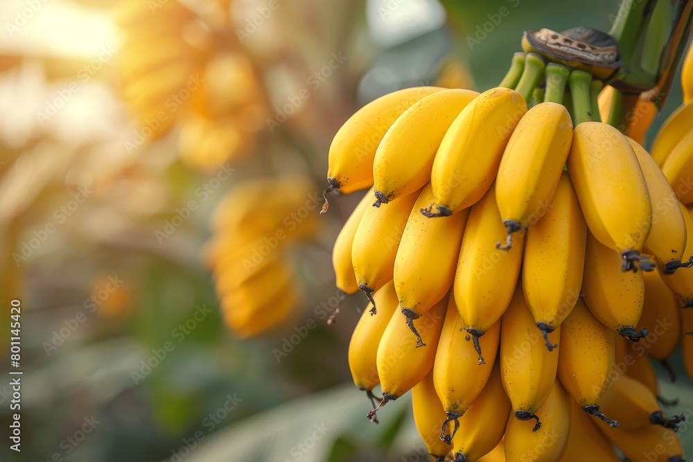 Naklejka premium Banana Tree with Fruit: Cluster of bananas hanging from the tree. 