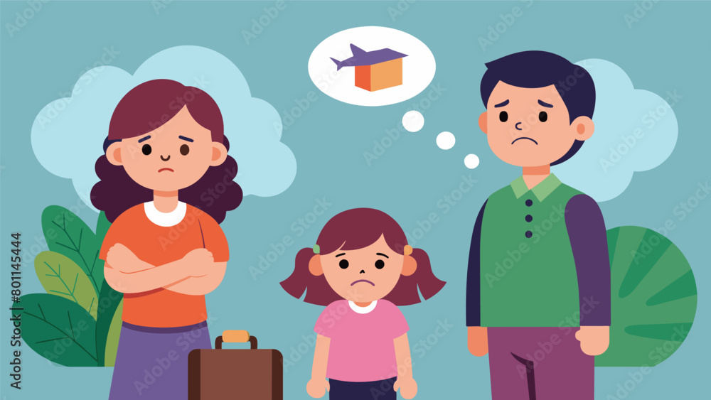 A child looks dejected as their parents explain that they can no longer afford to take family vacations due to inflation instead opting for a A child looks dejected as their parents explain that they can no longer afford to take family vacations due to inflation instead opting for a