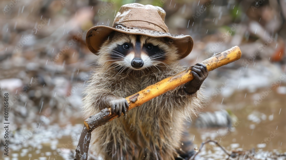   A raccoon in a hat holds a stick in a muddy terrain with rocks and trees in the backdrop