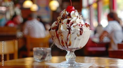 A sundae with a cherry on top sitting in front of the table