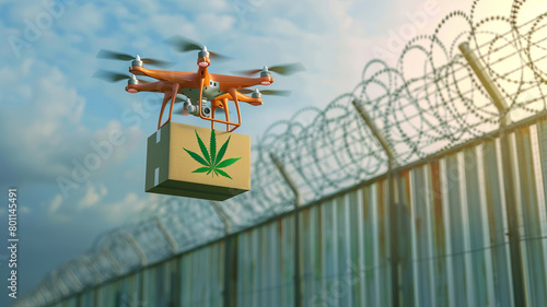 Illegal delivery marijuana concept. Aerial View of smuggler transportation Drone transporting box of cannabis through border.