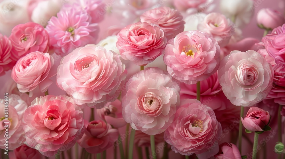 A pink background filled with pink and white blossoms, featuring a yellow center encircled by smaller blooms A pink background filled with pink and white blossoms, featuring a yellow center encircled by smaller blooms