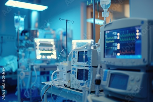 Medical equipment in the emergency room, monitors displaying life support data and the movement of various machines.