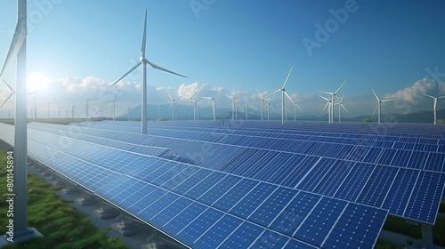 an array of polycrystalline silicon solar panels and wind turbines generating electricity in hybrid power plant systems photo