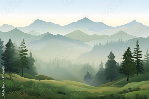 Veiled Landscape, Foggy Meadow Hills with Pine Trees. Realistic hills landscape. Vector background
