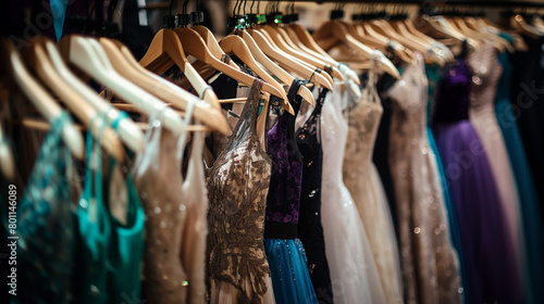A rack of elegant evening gowns and dresses, including floor-length gowns in shades of purple, blue, green, gold, silver, and white