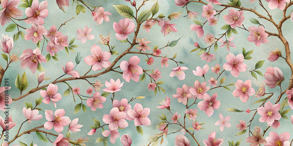 A seamless pattern of delicate cherry blossoms. AI Generative