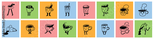 Set of retro doodle funny coffee characters posters. Vintage drink vector illustration. Latte, cappuccino, coffee cup mascot. Nostalgia 60, 70s, 80s. Print for cafe