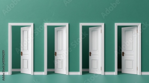 A Series of White Doors on a Colored Wall with a Reflective Floor in the Foreground Representing Choice and Future Opportunity
