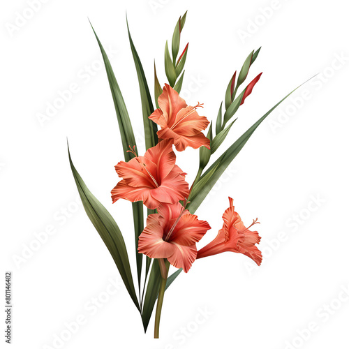 Clipart illustration a gladiolus flower and leaves on white background. Suitable for crafting and digital design projects.[A-0001]