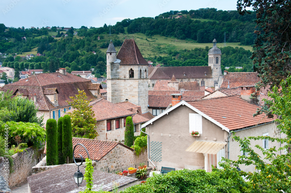 Rooftops, churches and houses in Figeac, Lot, France